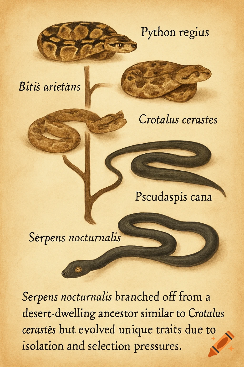 Vintage illustration of five snakes (Python regius, Bitis arietans, Crotalus cerastes, Pseudaspis cana, Serpens nocturnalis) arranged like an evolutionary tree with text.