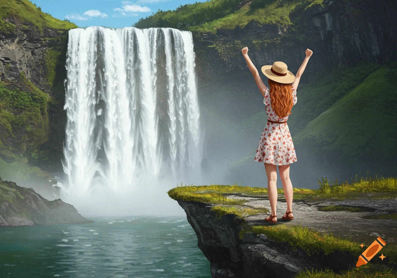Red-haired woman raising arms on a cliff edge near a large waterfall.