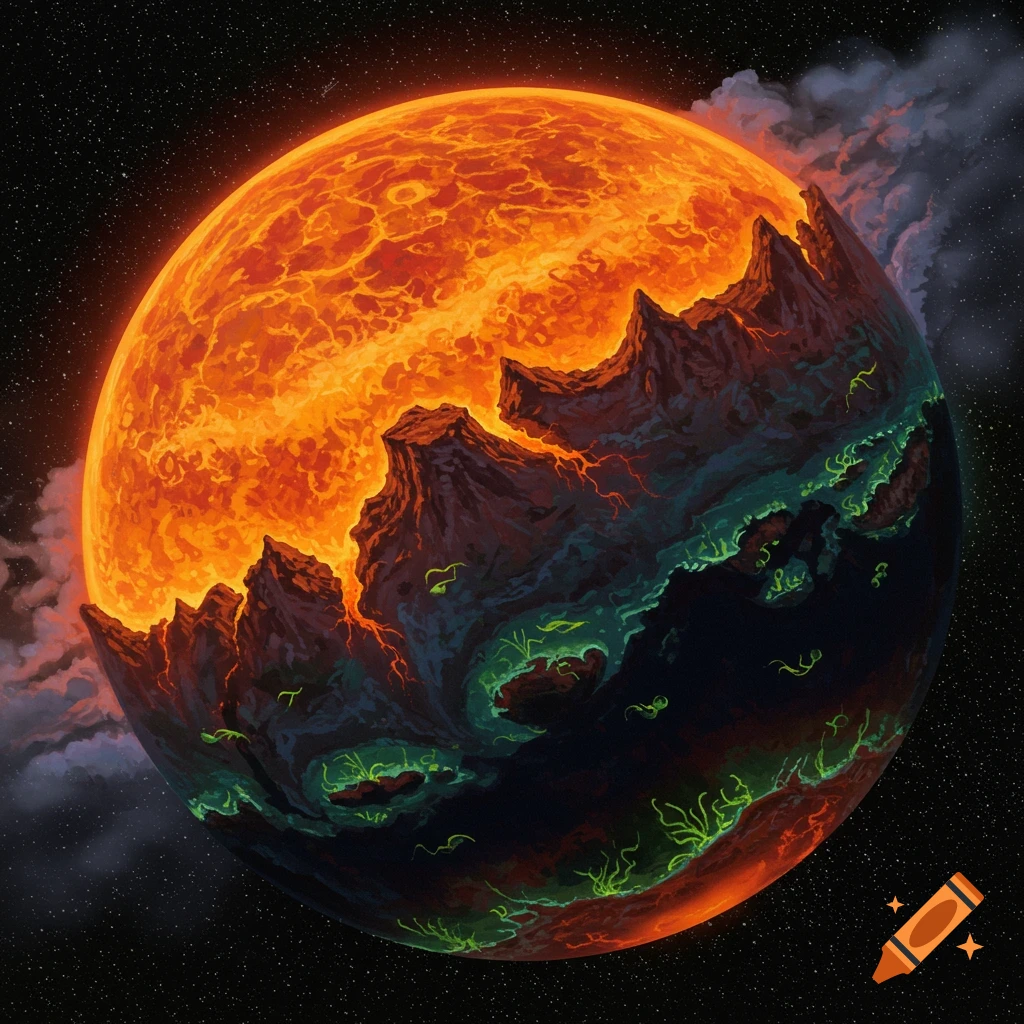 A planet with one side covered in molten lava and the other in dark ground with glowing green features, against a starry background.