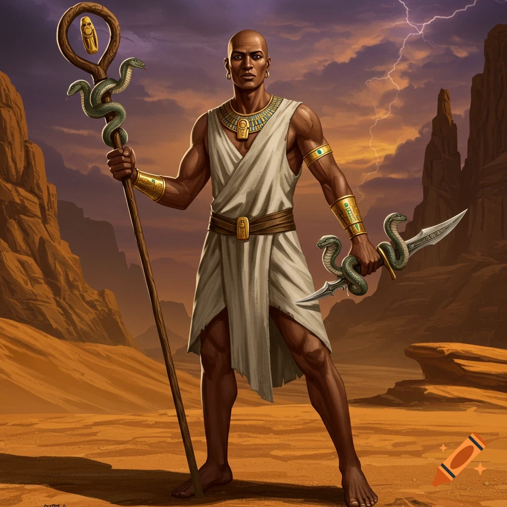 Bald Egyptian man in ancient robes holding a snake-wrapped staff and dagger in a desert storm