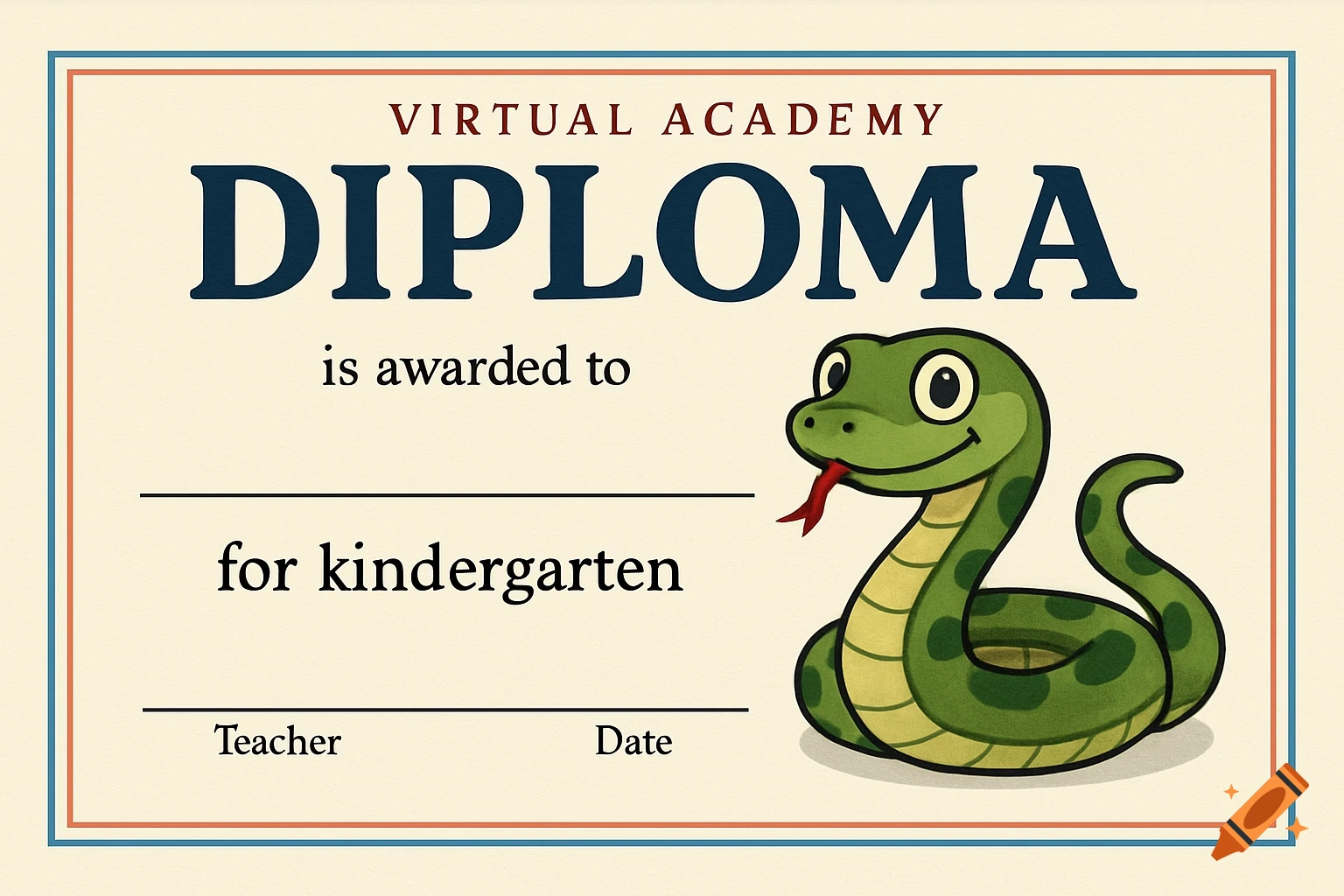 Cartoon Virtual Academy kindergarten diploma with text fields and a cartoon snake.