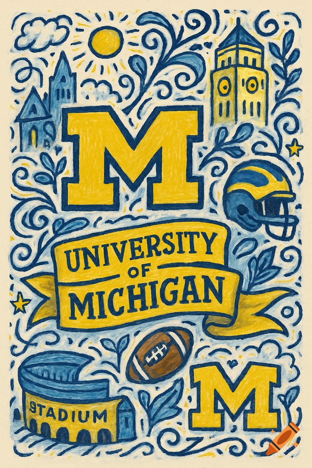 Doodle illustration of University of Michigan symbols including campus buildings, 'M' logos, football helmet, football, stadium, and text 'UNIVERSITY OF MICHIGAN'.