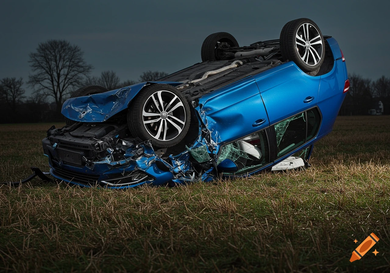 A wrecked blue Volkswagen Golf lies upside down on its roof in a field.