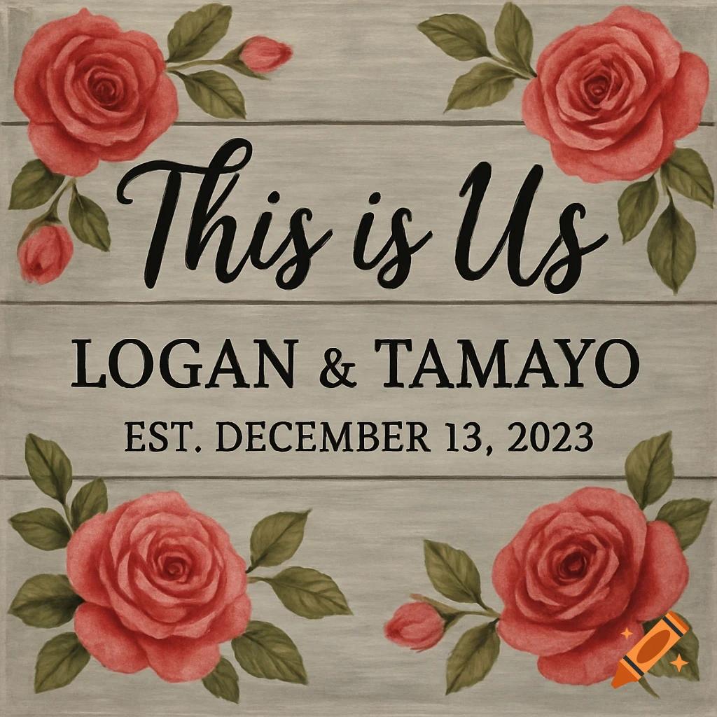 Decorative sign on grey wood with roses and text 'This is Us LOGAN & TAMAYO EST. DECEMBER 13, 2023'
