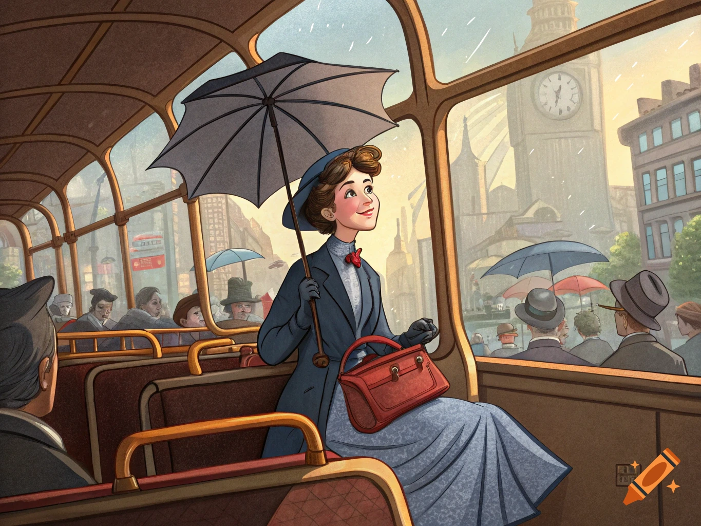Mary Poppins riding a bus in London rain holding an umbrella, illustration.