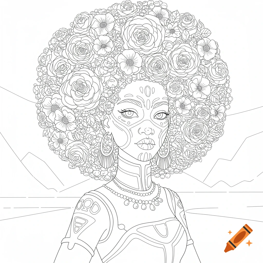 Line drawing of a woman with an afro made of flowers, wearing face paint and futuristic clothing.