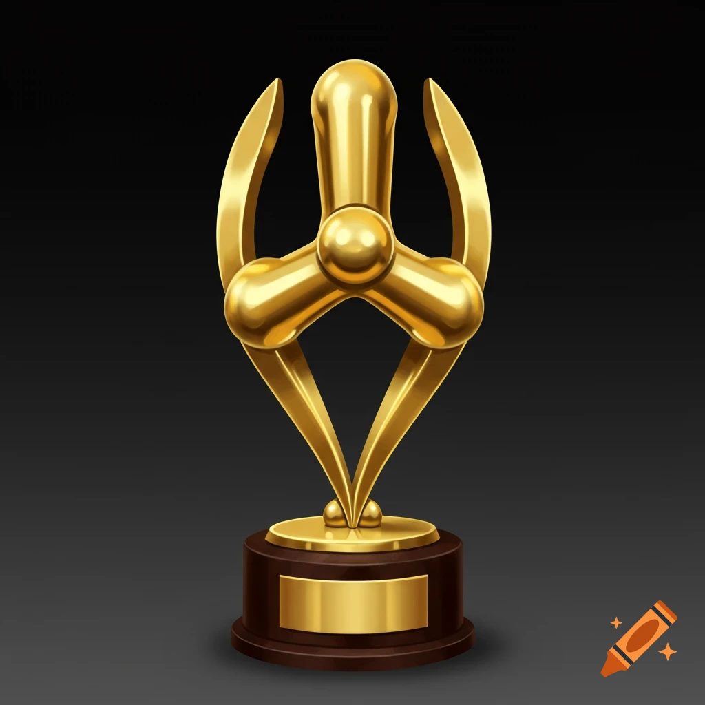 A shiny gold trophy with three curved arms on a wooden base.
