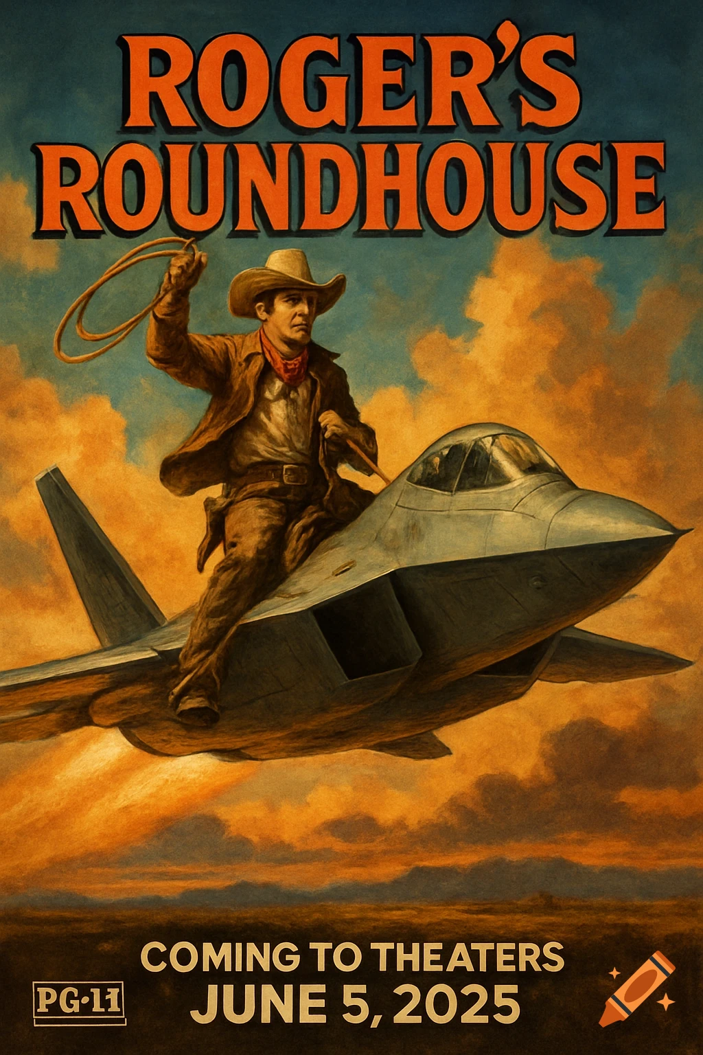 Movie poster of a cowboy riding a fighter jet in the sky. Title: Rogers Roundhouse.
