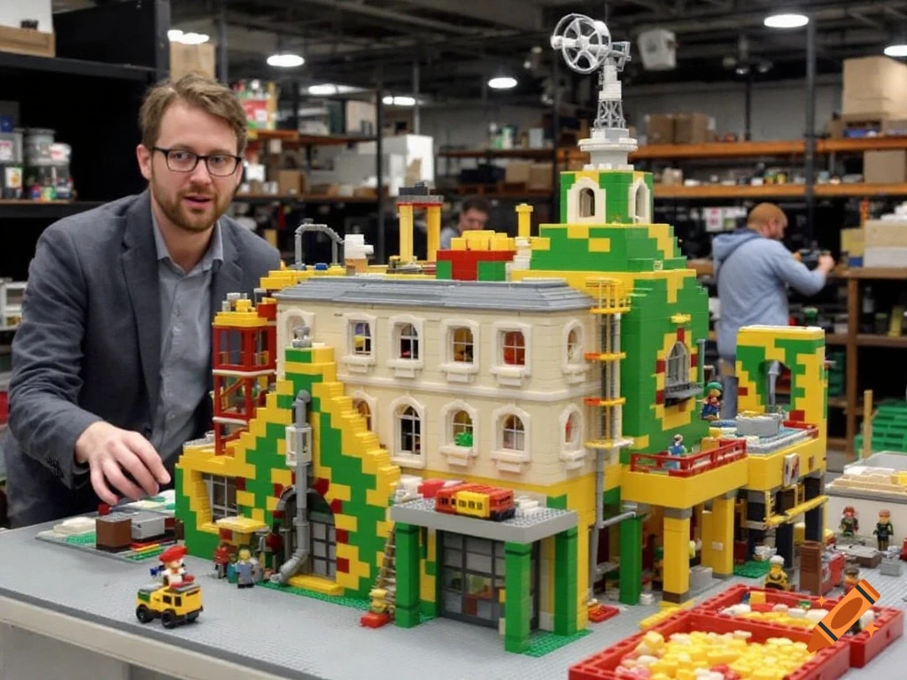 A man stands next to a large, colorful Lego model of a building.