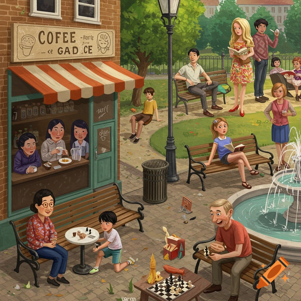 An illustration of a park with people sitting on benches, playing chess, and visiting a coffee shop.