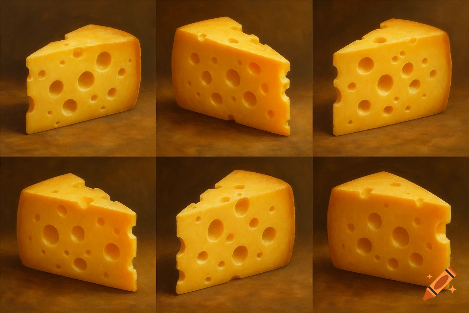 Six slices of yellow cheese with holes arranged in a grid.
