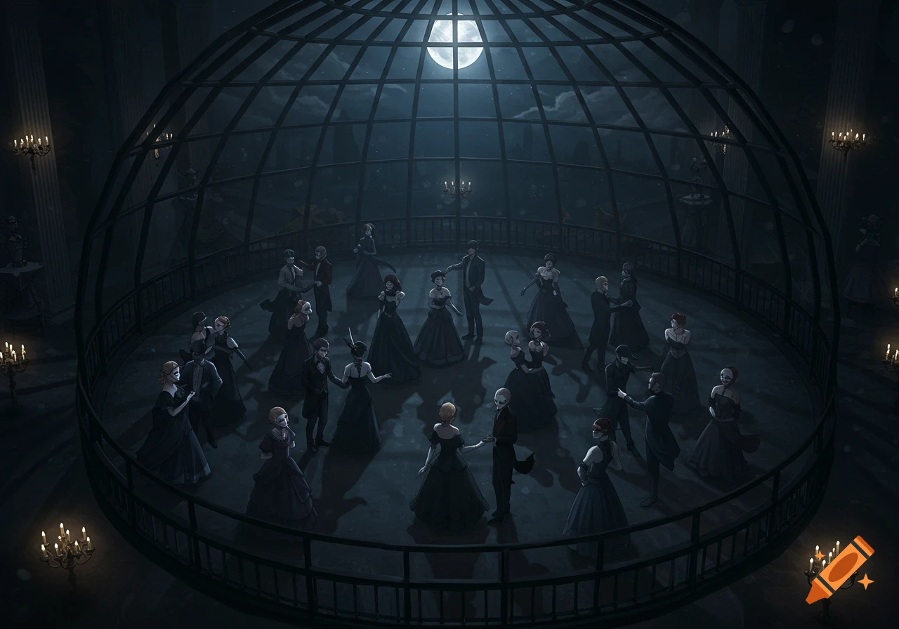 Dark fantasy anime style image of masked dancers in a large ballroom under a glass dome and moonlight.
