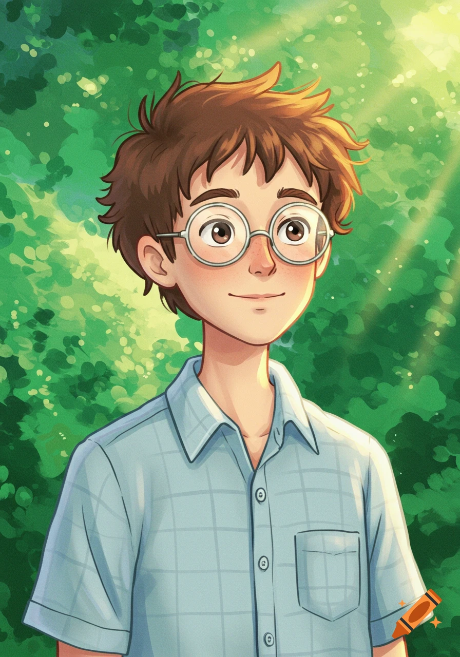 A portrait of a young boy with glasses and a plaid shirt in Ghibli animation style.