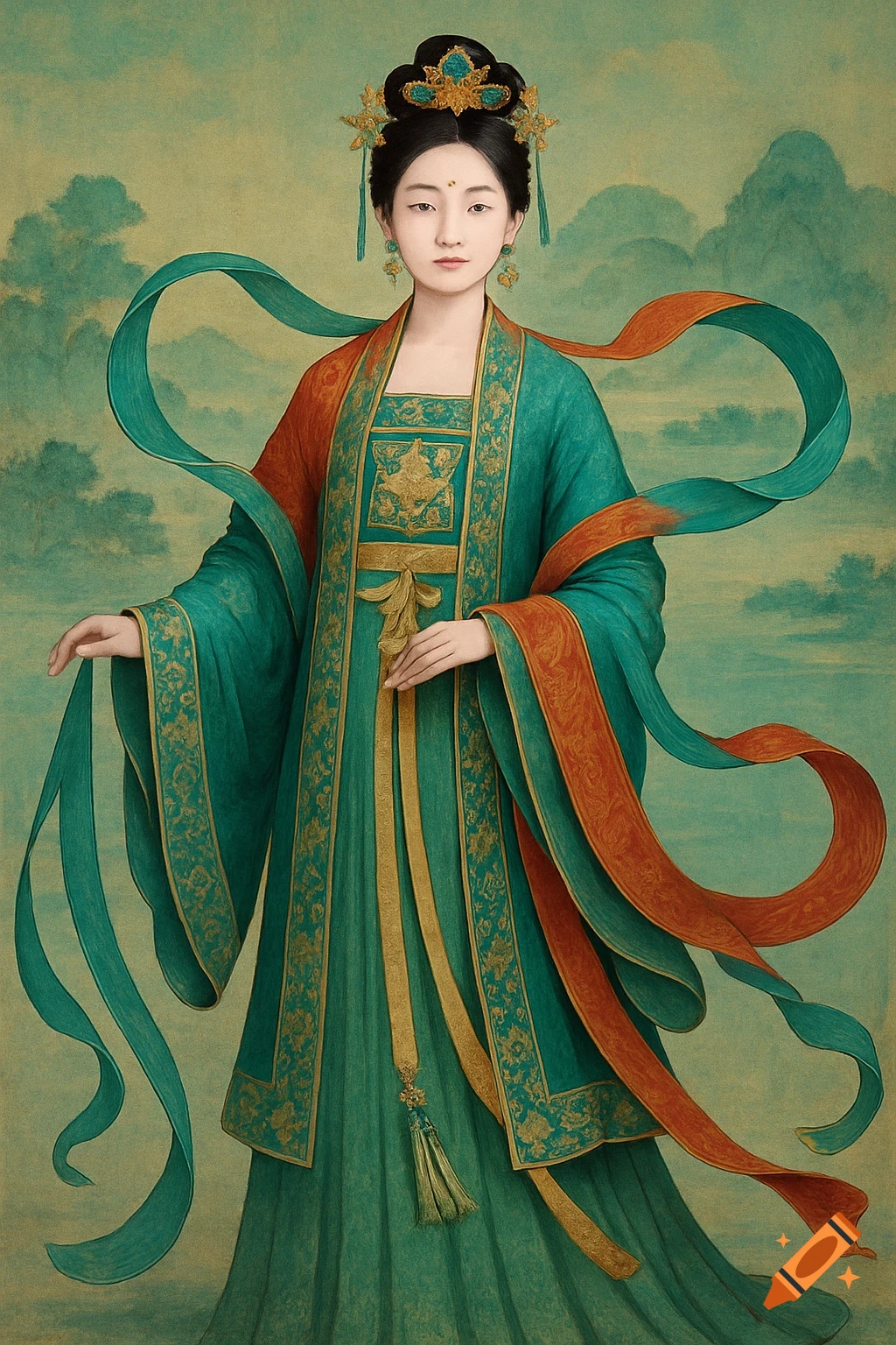 Painting of a woman in flowing green and red traditional Chinese dress with gold accents and ornate headdress.