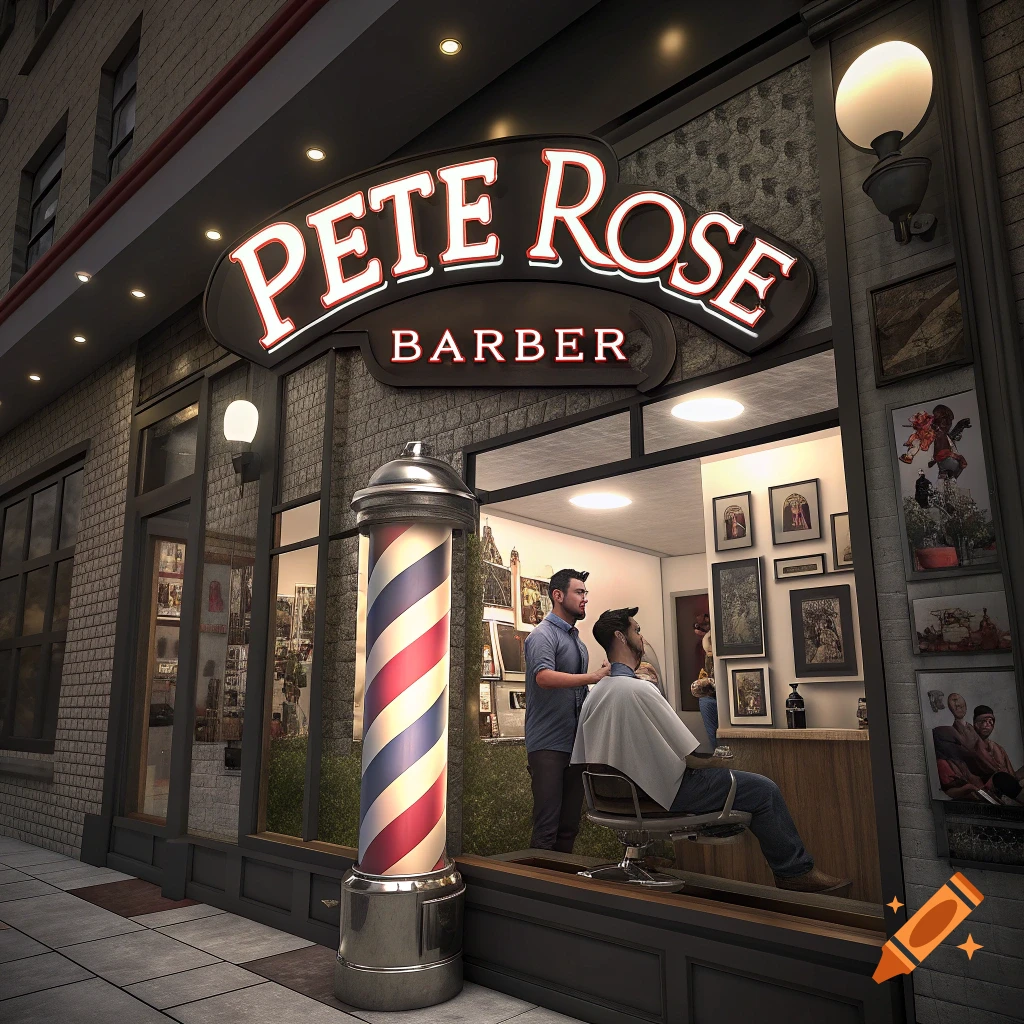 A photorealistic image of a barber shop storefront with a barber pole and a sign reading 'PETE ROSE BARBER'. Inside, a barber cuts a client's hair.
