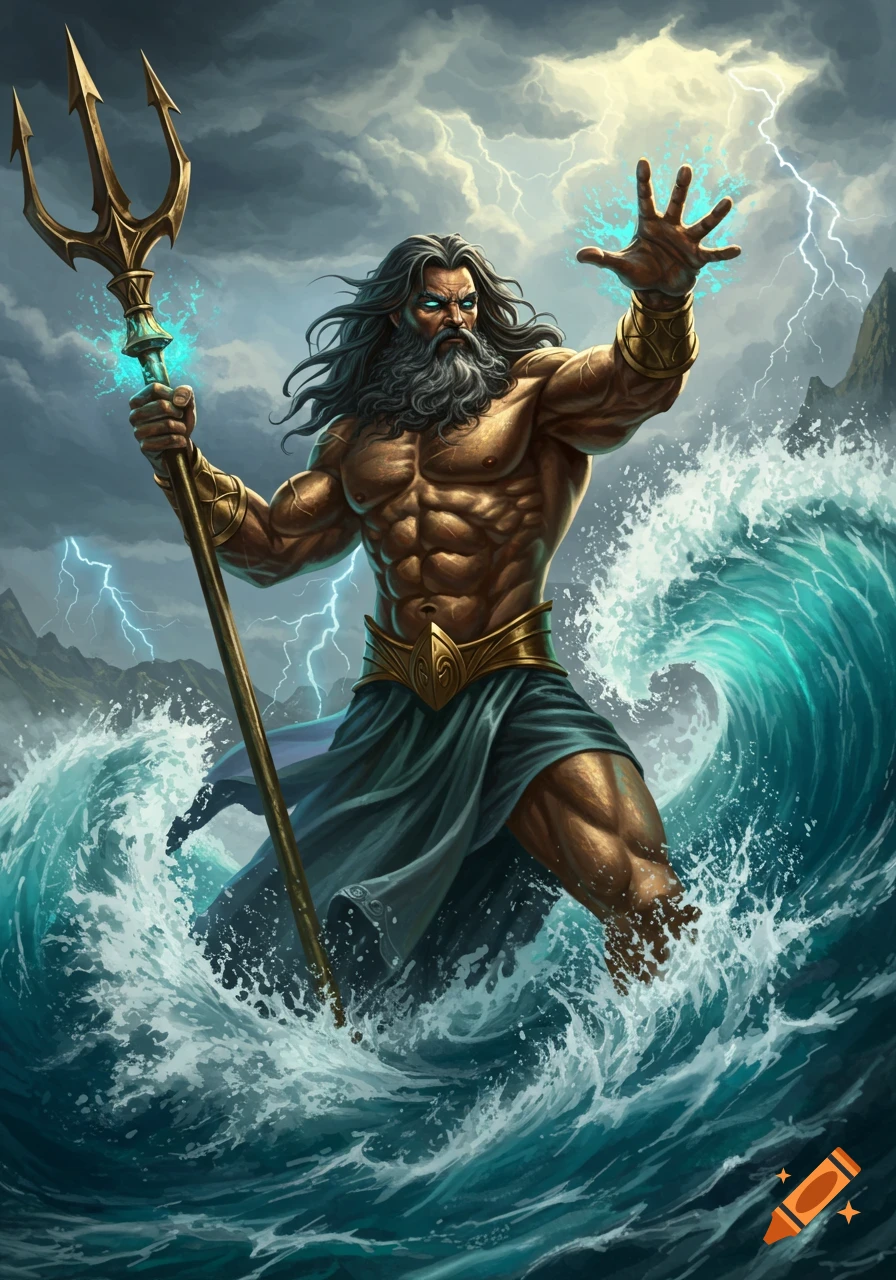Poseidon emerges from stormy seas, holding a trident and summoning lightning, digital painting.