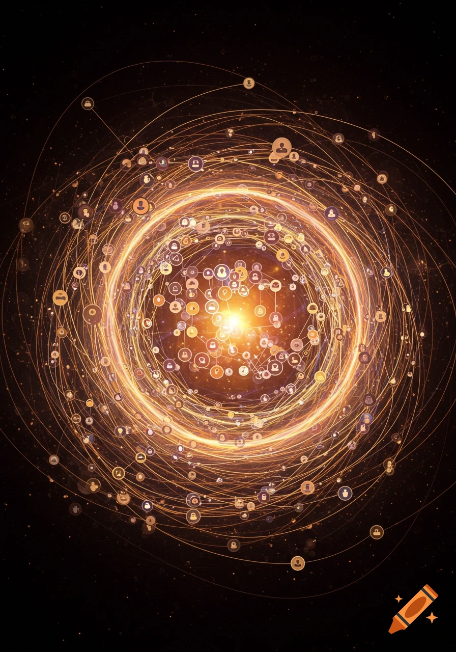 Abstract glowing network with connecting lines and node icons on a dark background