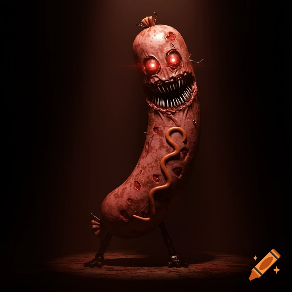A scary monster sausage with red eyes, sharp teeth, and creepy texture stands in a dark room.