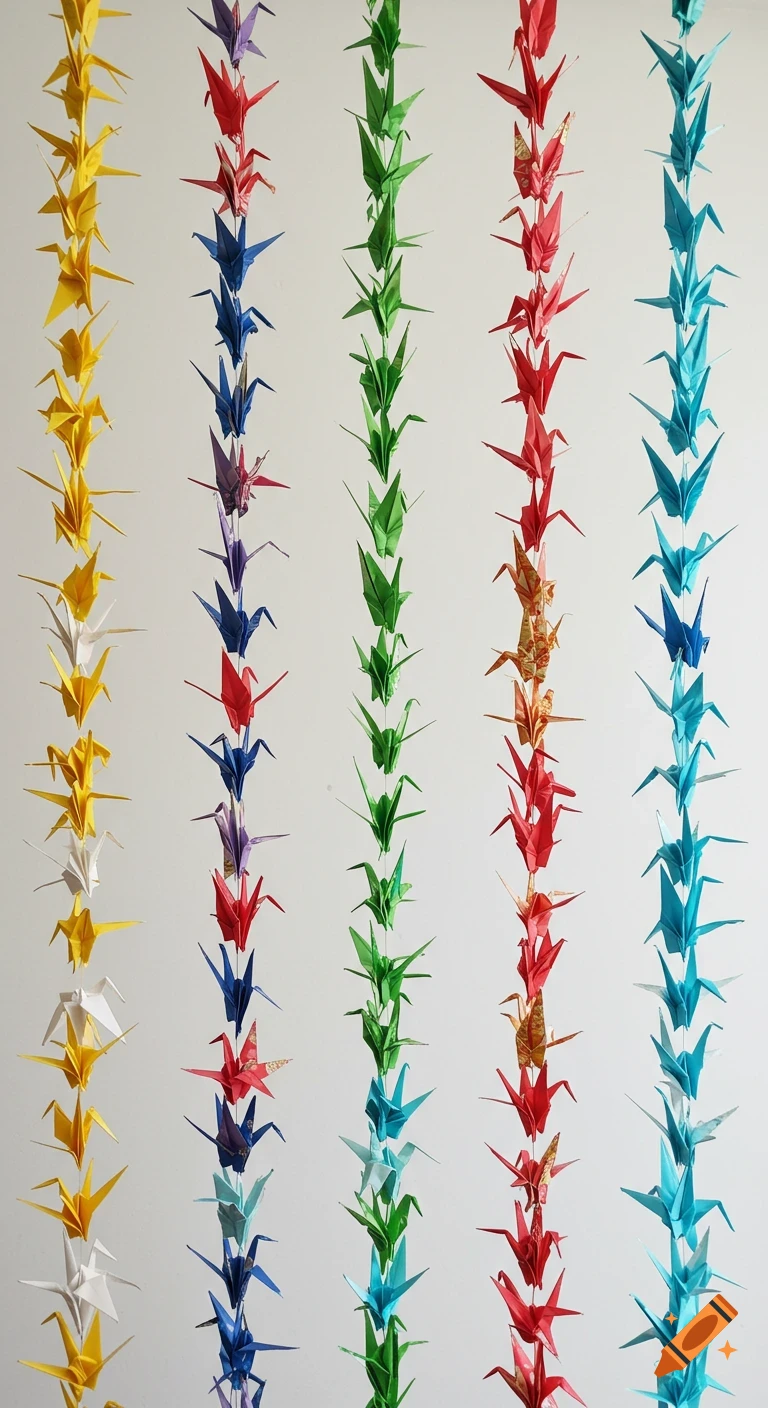 Vertical strings of colorful origami paper cranes against a white background.