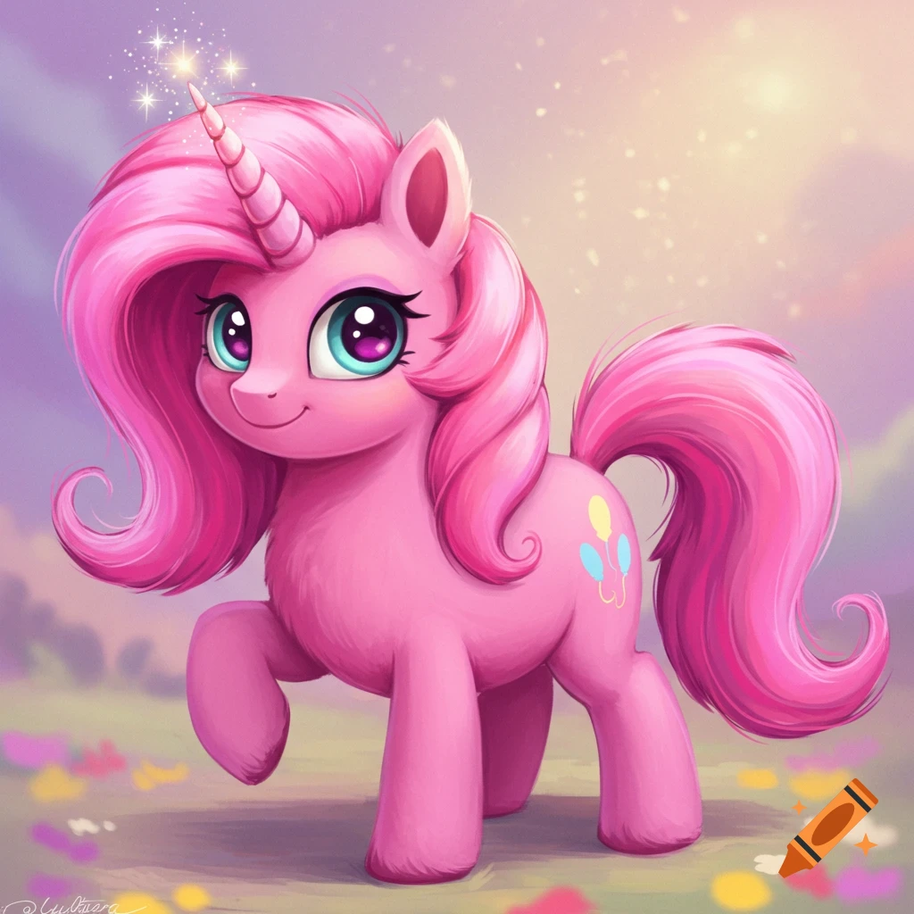 Pink cartoon unicorn pony stands in a field with twinkling magic from its horn.