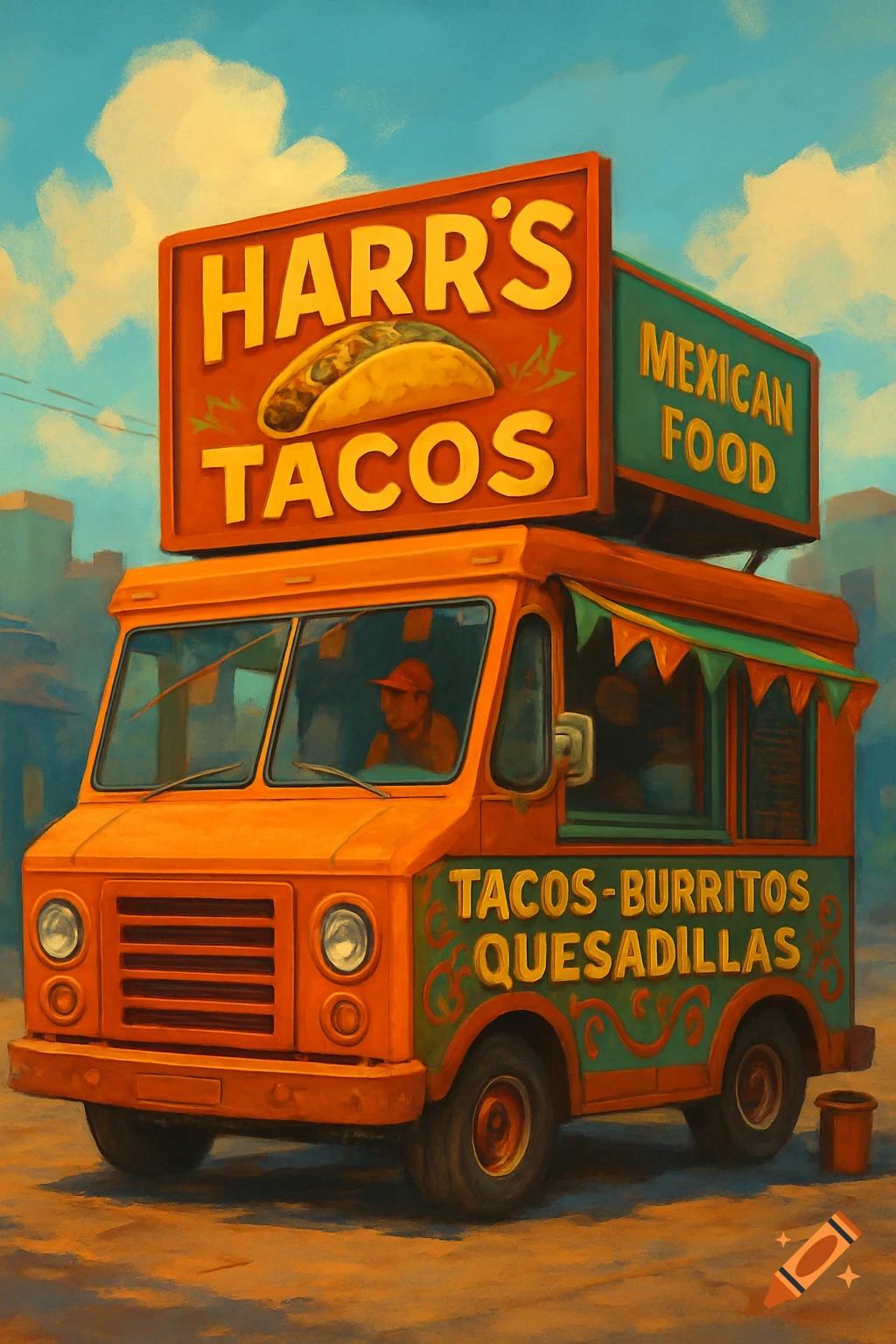 Orange Mexican food truck with "Harr's Tacos" signs, painted style.