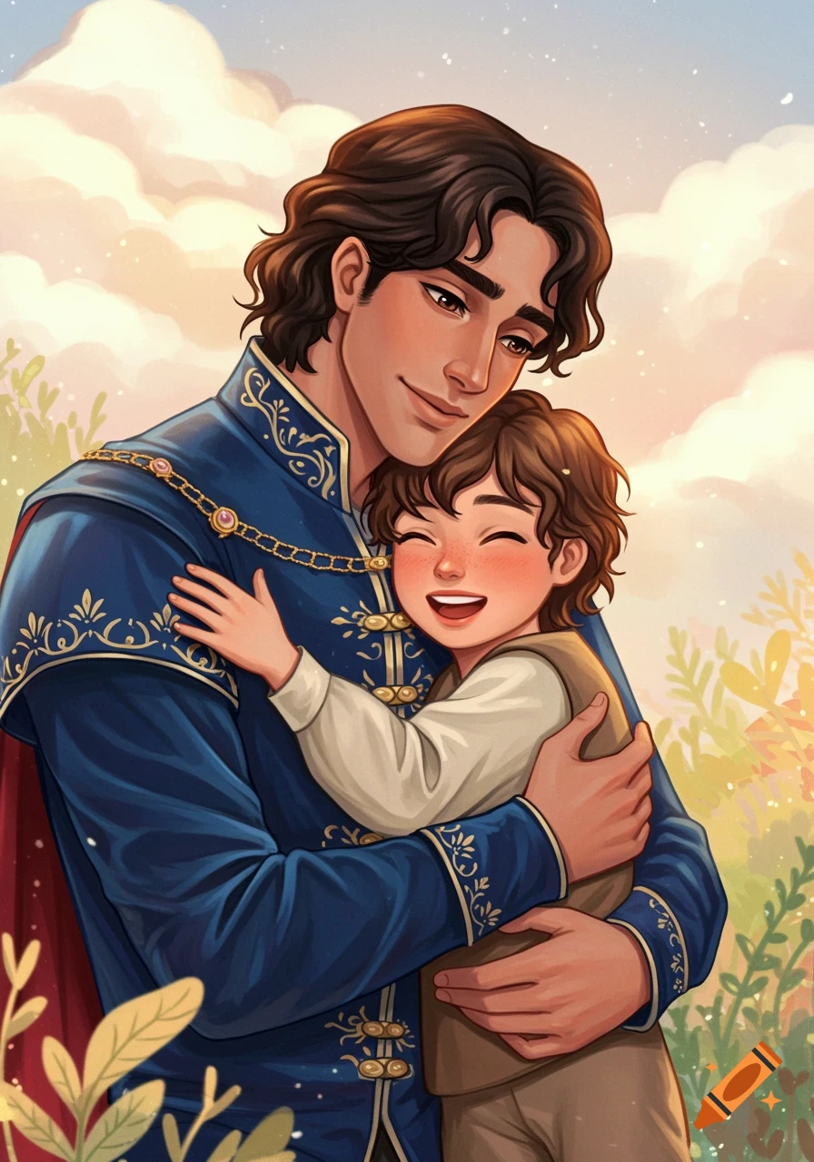 An illustration of a handsome man in a blue prince outfit hugging a happy child in a grassy field with clouds.