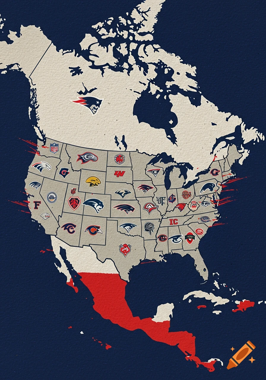Stylized map of North America showing sports team logos in the US.