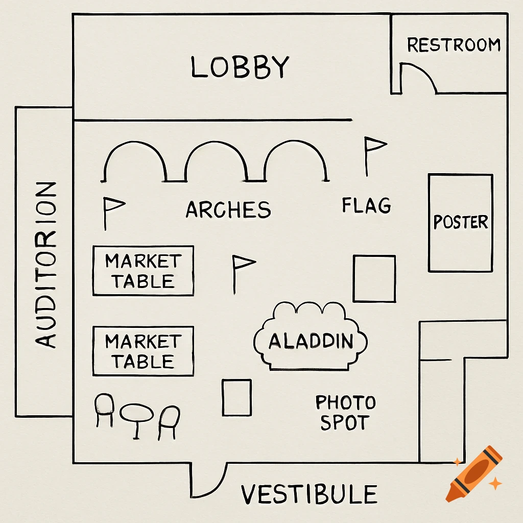 Hand-drawn floor plan sketch of a lobby, auditorium, and vestibule with labels for areas and objects.