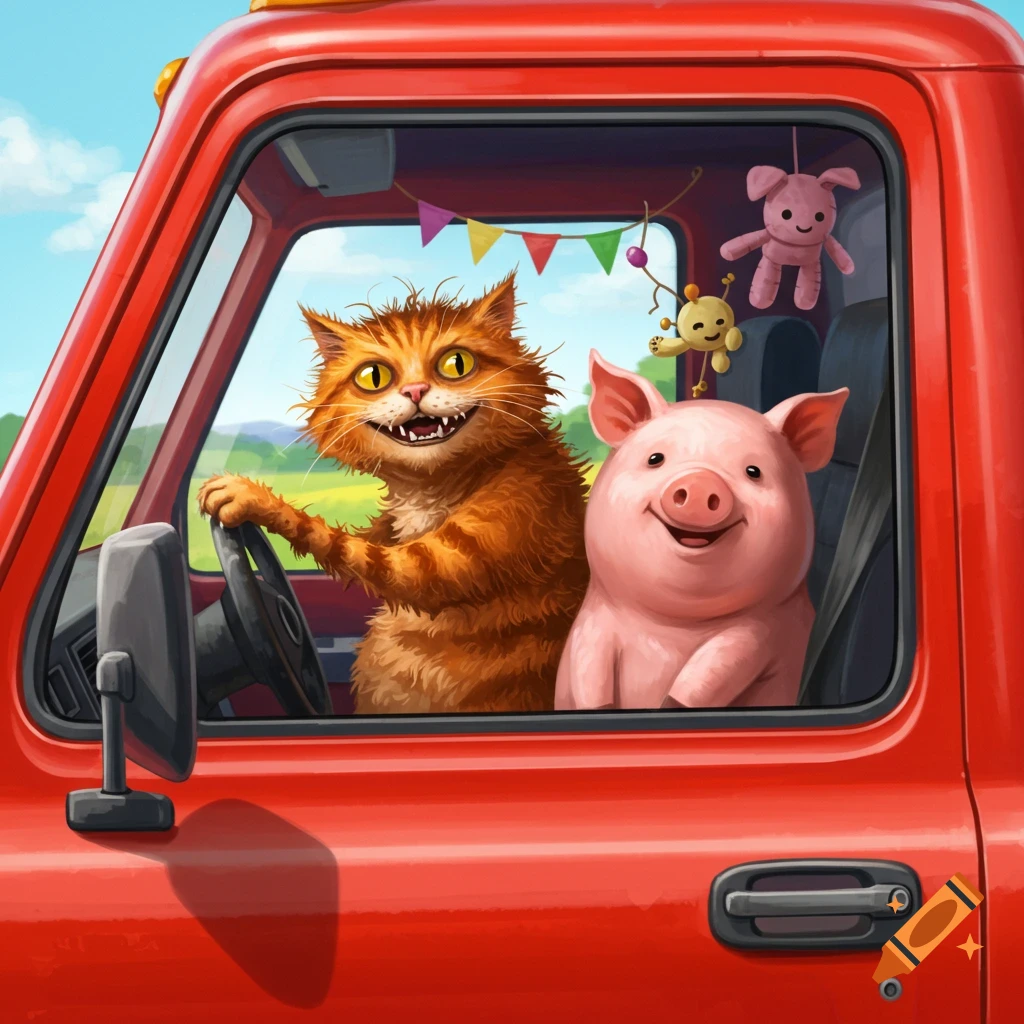 Cartoon illustration of an orange cat driving a red truck with a pink pig passenger.