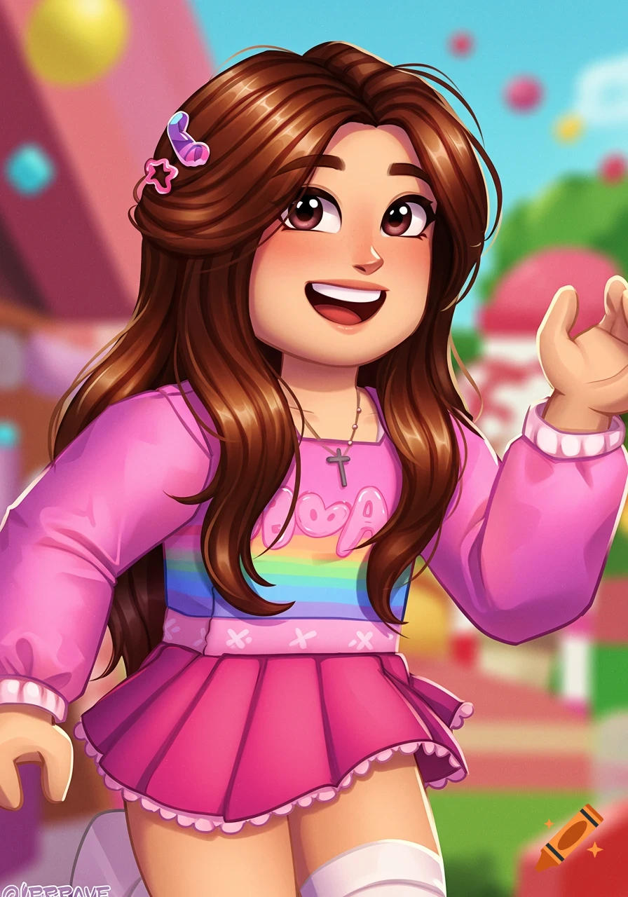 Stylized cartoon portrait of a brown-haired girl in a pink outfit with a rainbow design, in a colorful setting.