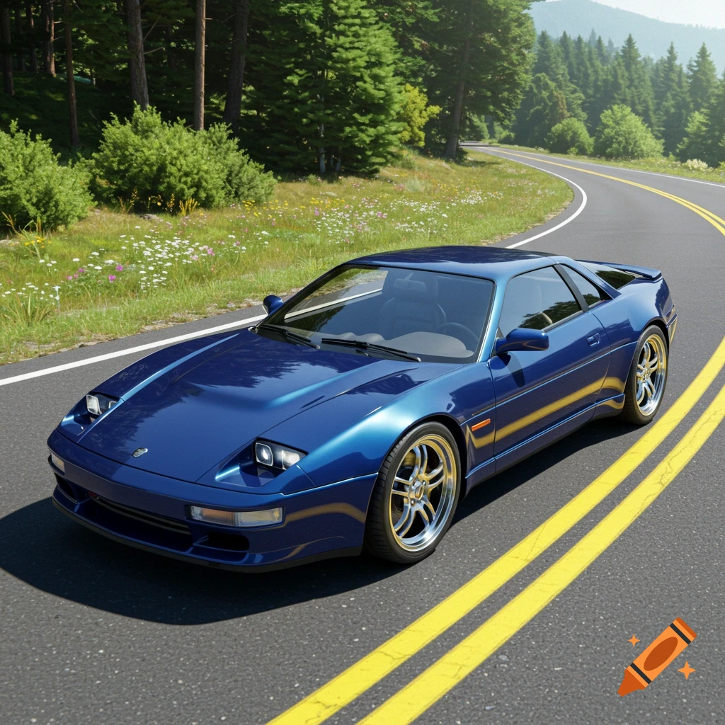 A blue sports car drives on a winding road through a forest.