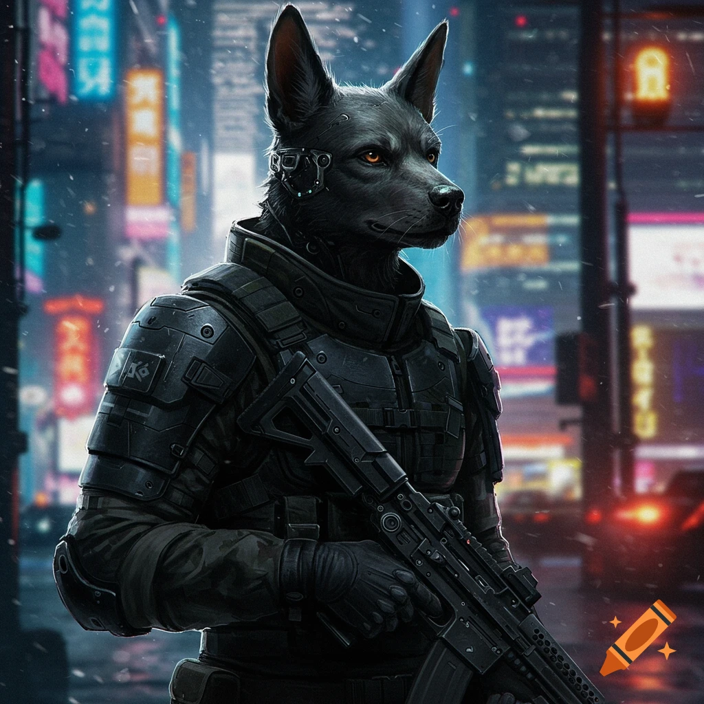 A humanoid dog soldier in tactical gear holds a rifle in a cyberpunk city.