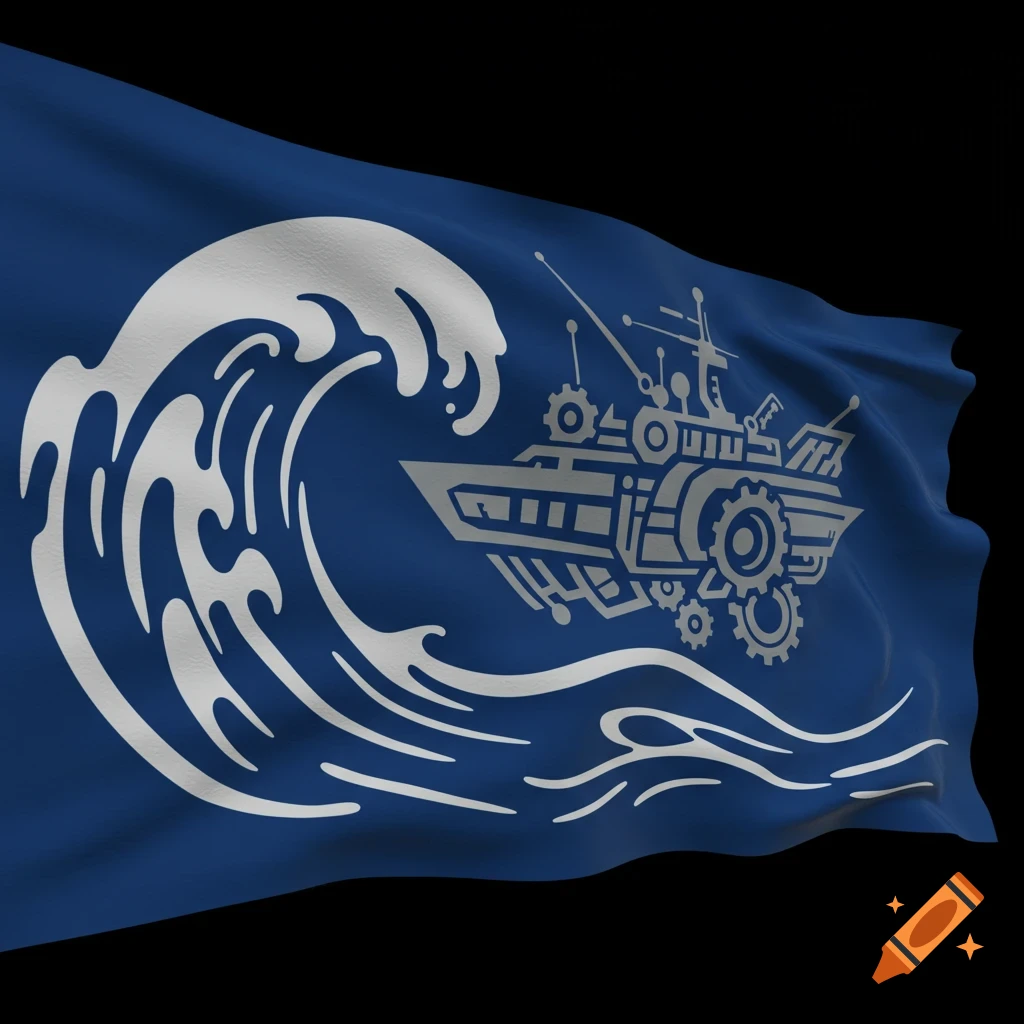 A blue flag with a silver wave design and a silver mechanical ship.