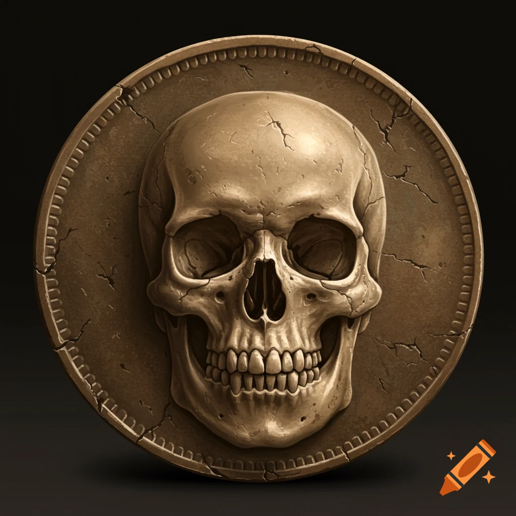 Realistic depiction of a skull on an old bronze coin.