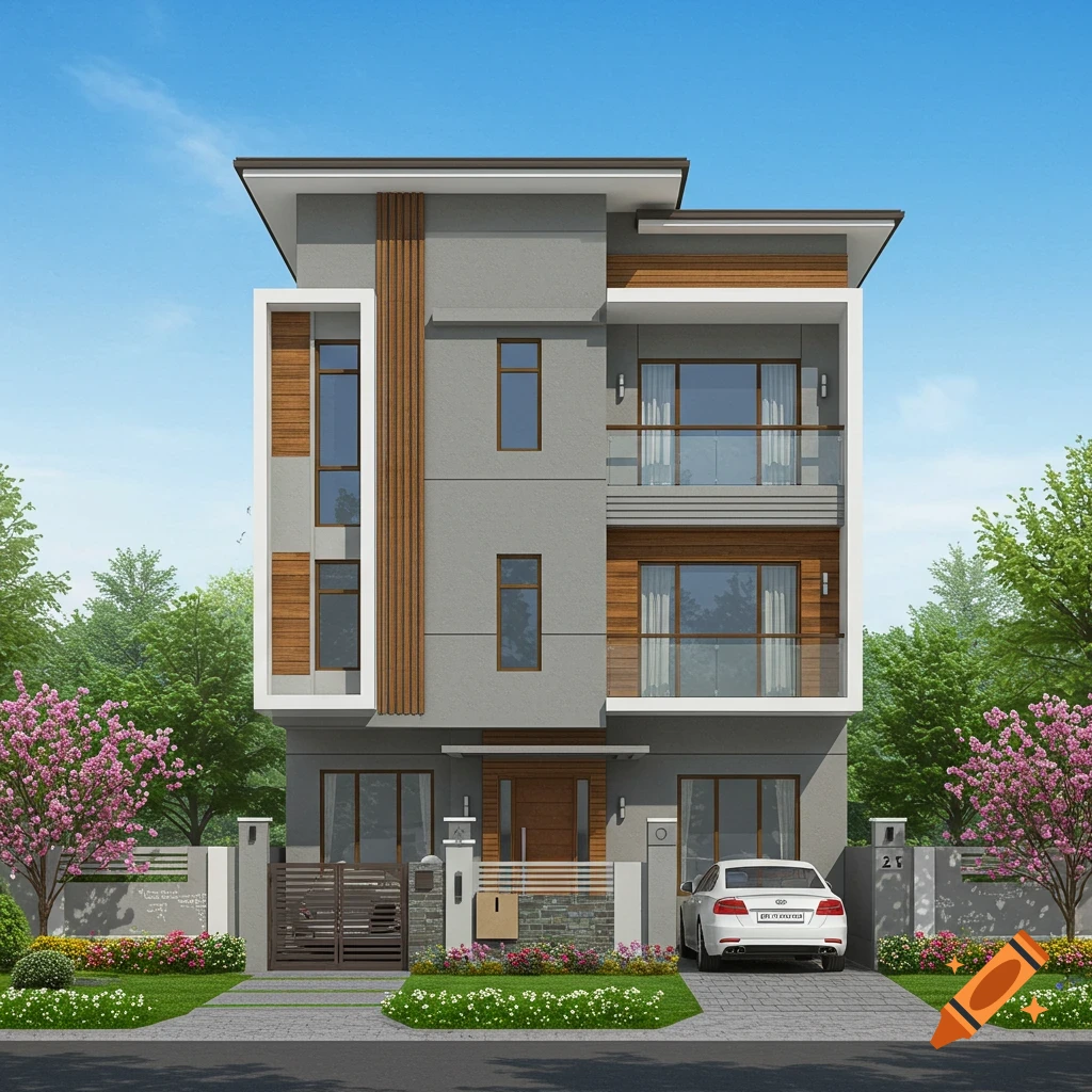 Contemporary three story house facade with a car in the driveway.