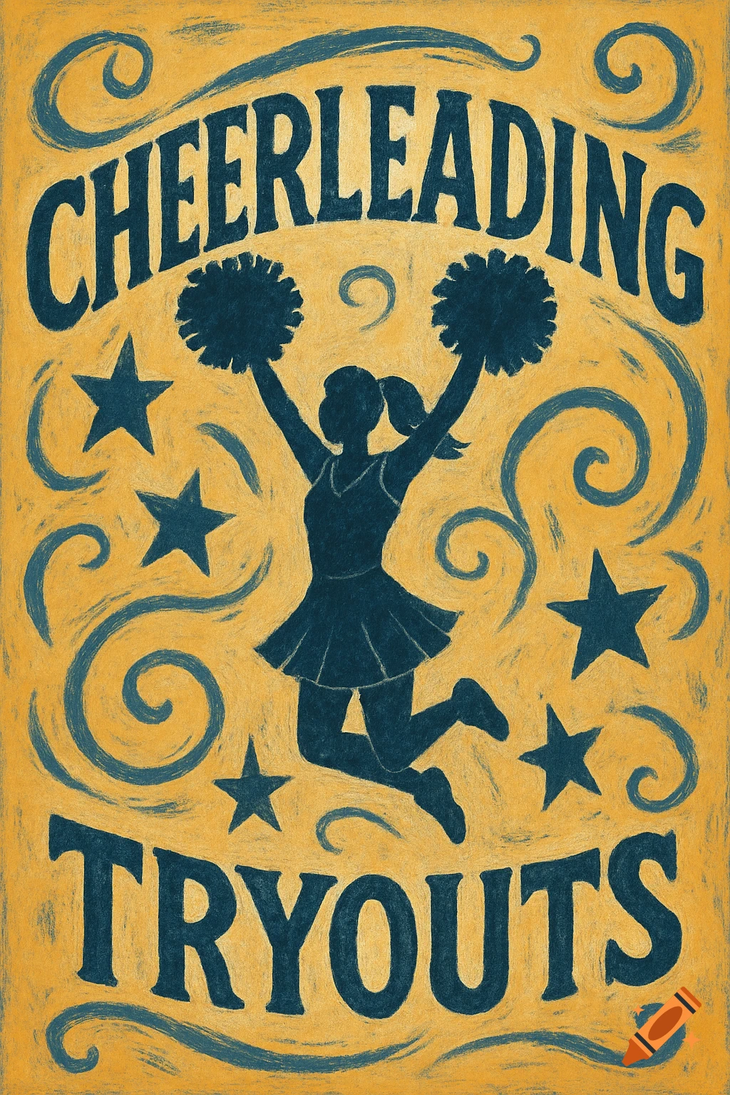 Stylized poster for cheerleading tryouts with silhouette of a cheerleader jumping, stars, and swirls in yellow and blue.