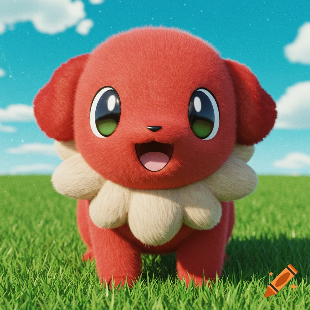 A fluffy red puppy creature with big eyes, resembling a Pokemon, stands in green grass under a blue sky.
