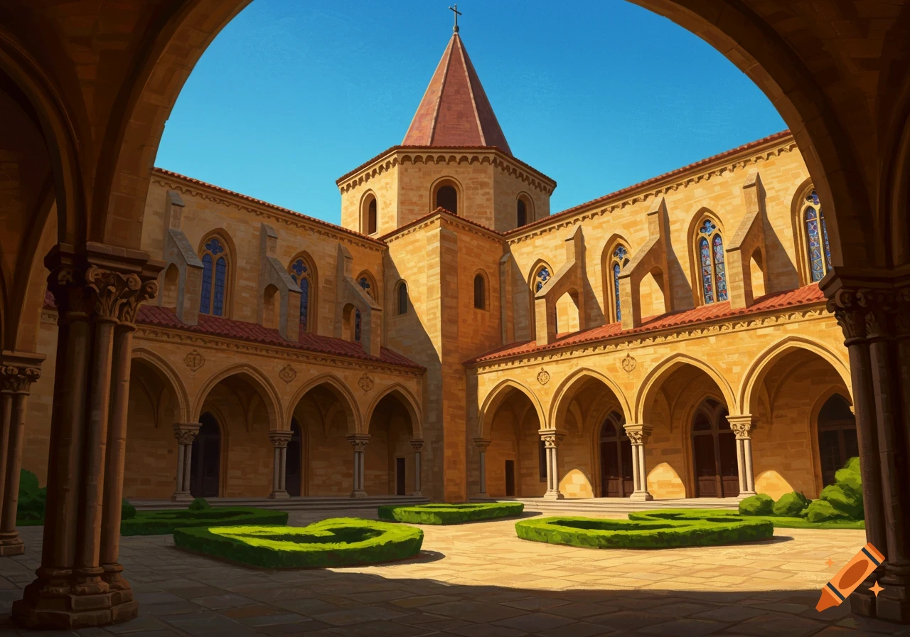 A sunlit courtyard of a convent or monastery with arched walkways and manicured bushes.