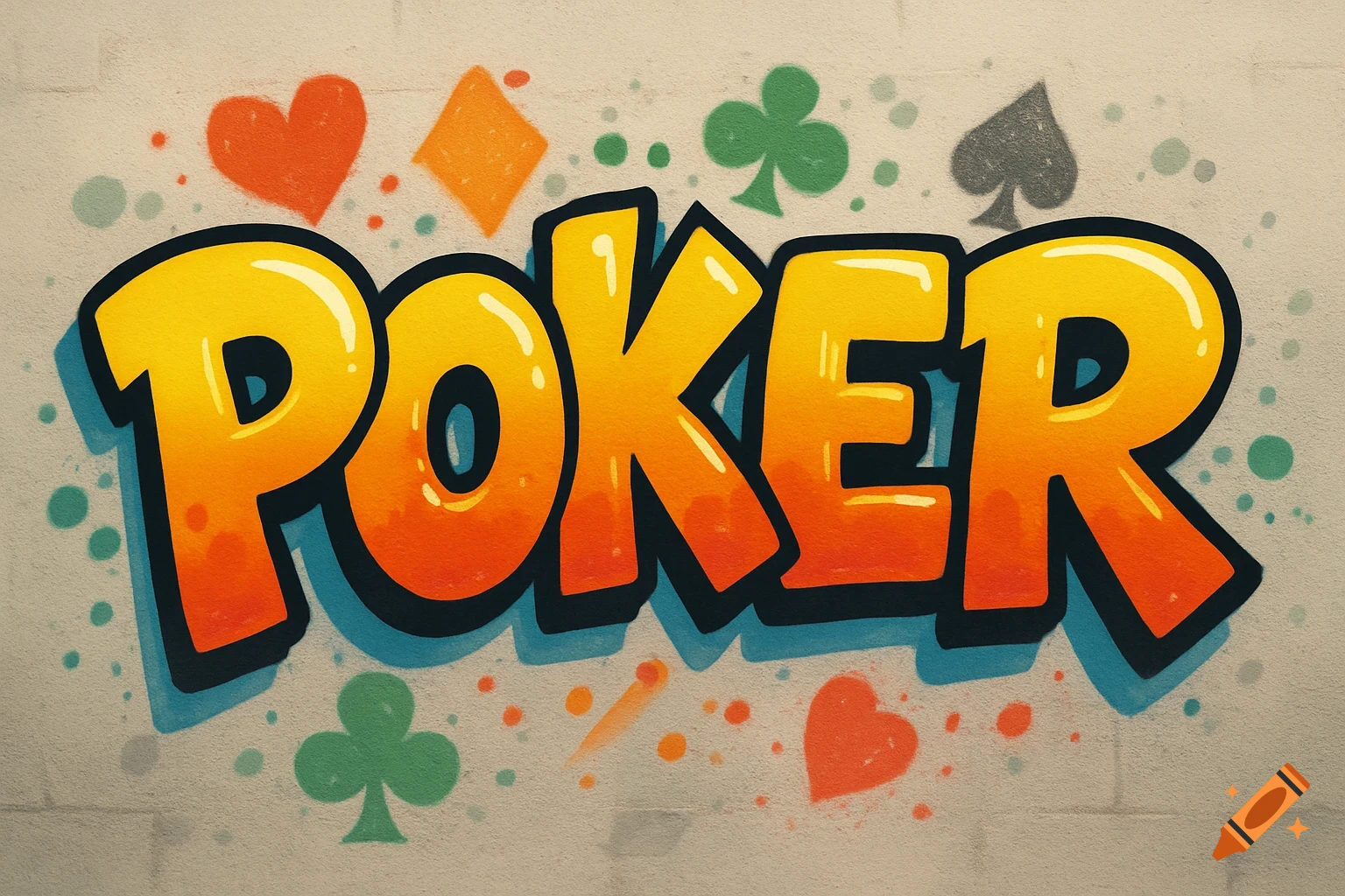 Graffiti art of the word "POKER" in yellow and orange bubble letters on a wall with scattered hearts, diamonds, clubs, and spades symbols.