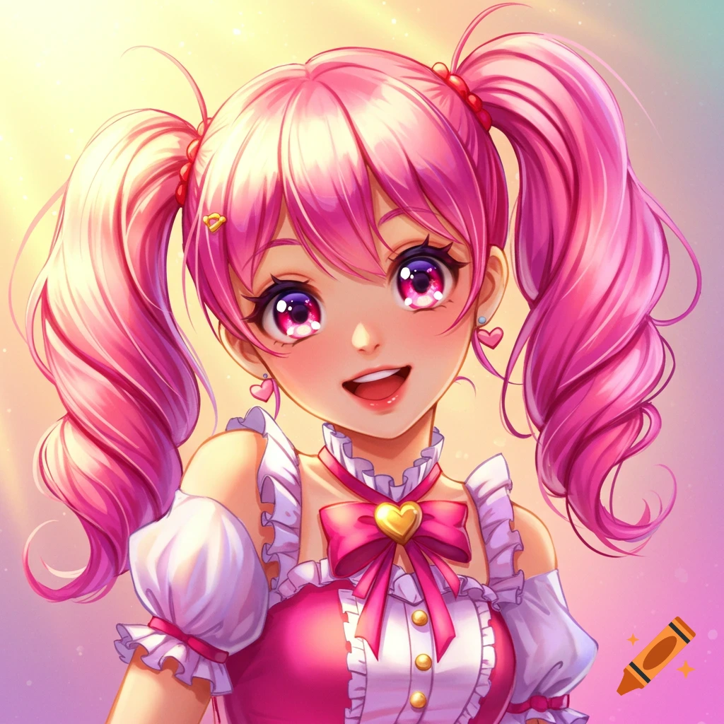 A close-up portrait of a smiling anime girl with pink pigtails and pink ...