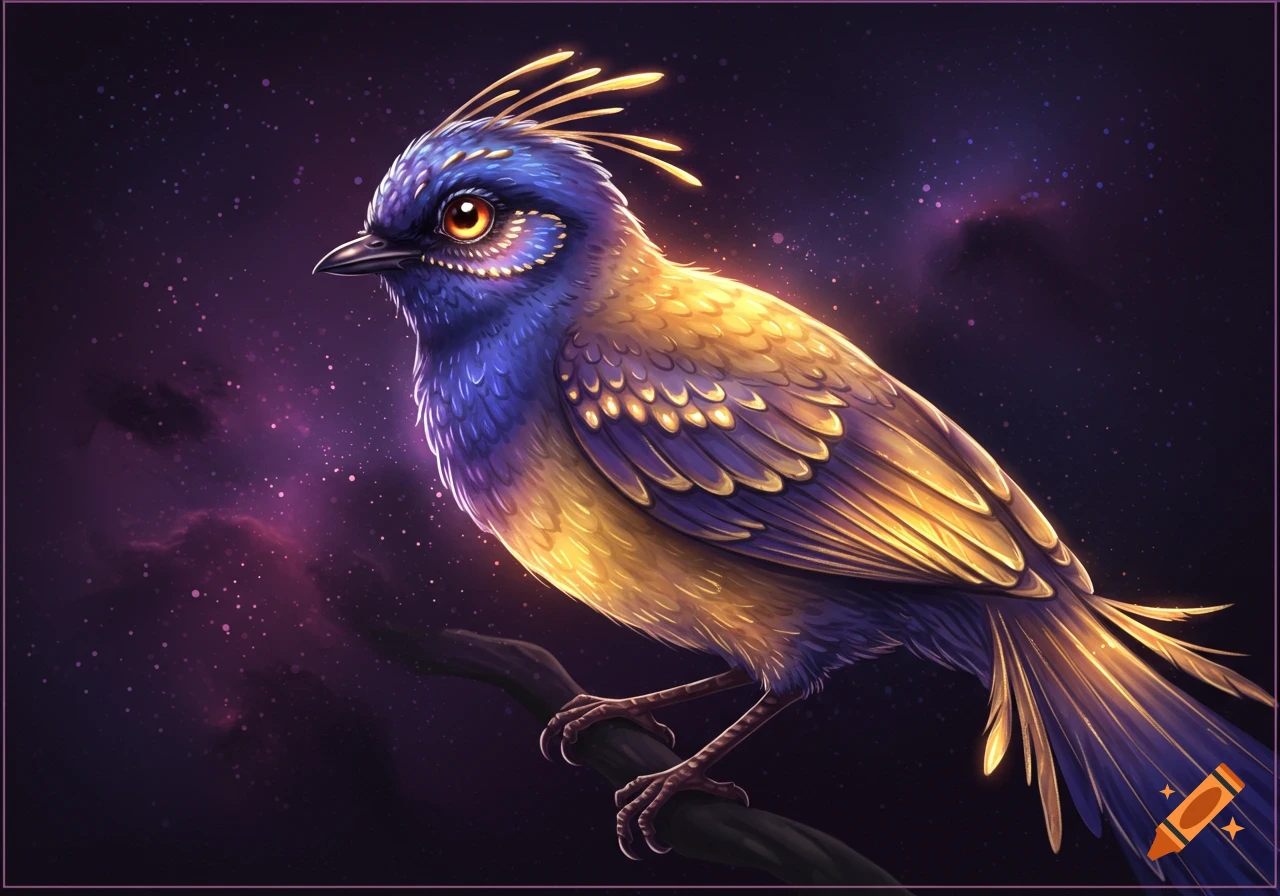 Stylized bird with blue and gold feathers on a branch against a starry purple background.