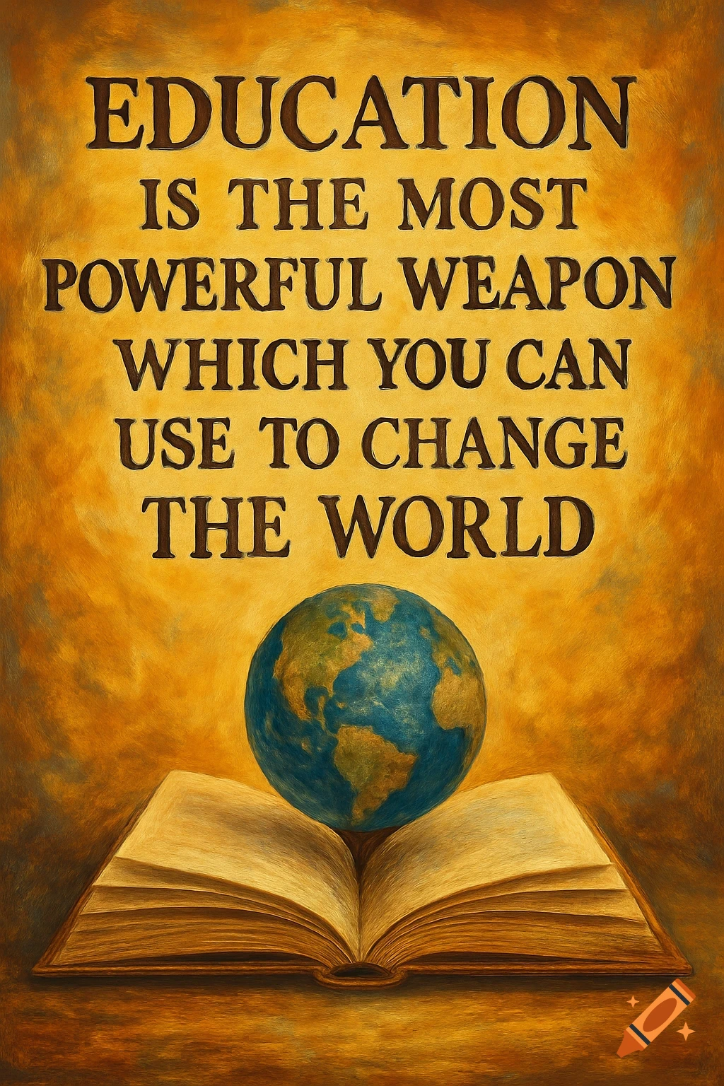 Oil painting of an open book with a globe on top and the quote 'Education is the most powerful weapon which you can use to change the world'.