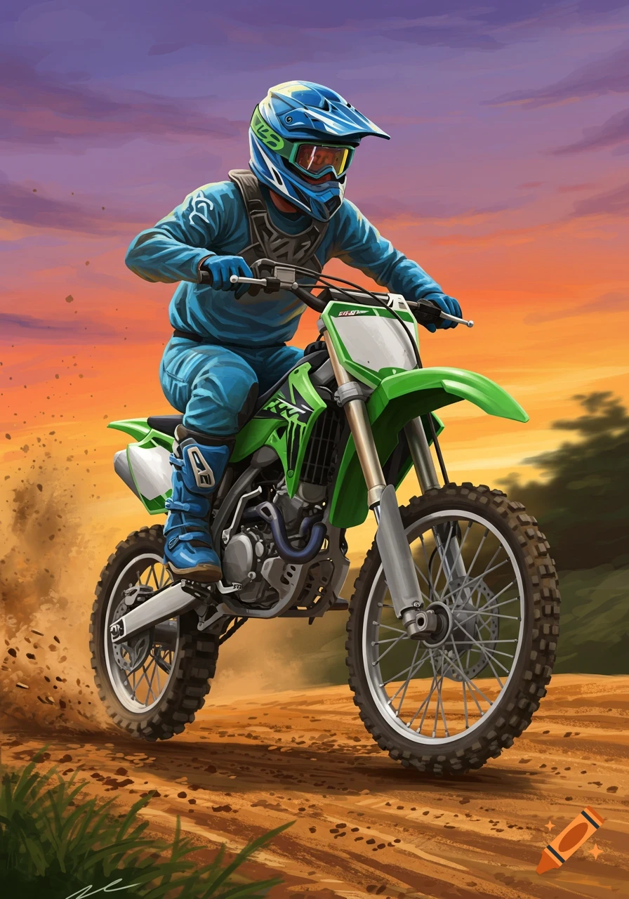 Illustration of a person riding a green dirt bike on a dirt track at sunset, kicking up dust.