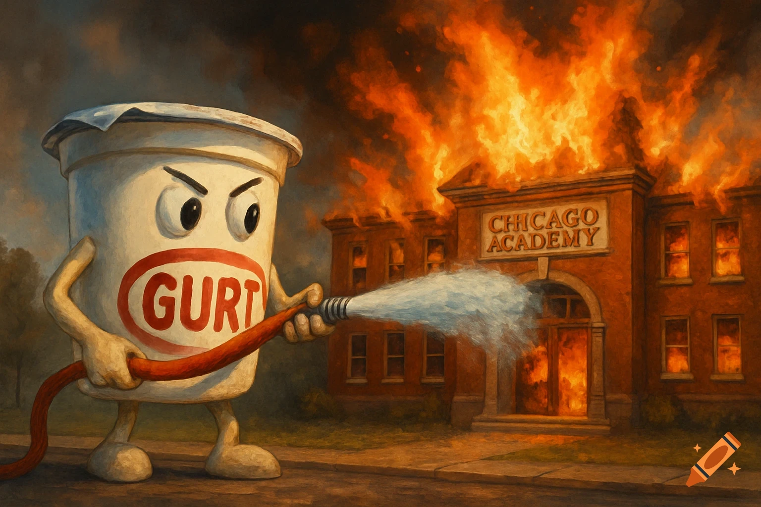A cartoon yogurt carton character labeled 'GURT' sprays water from a hose onto a burning school building labeled 'CHICAGO ACADEMY' in a painted style.