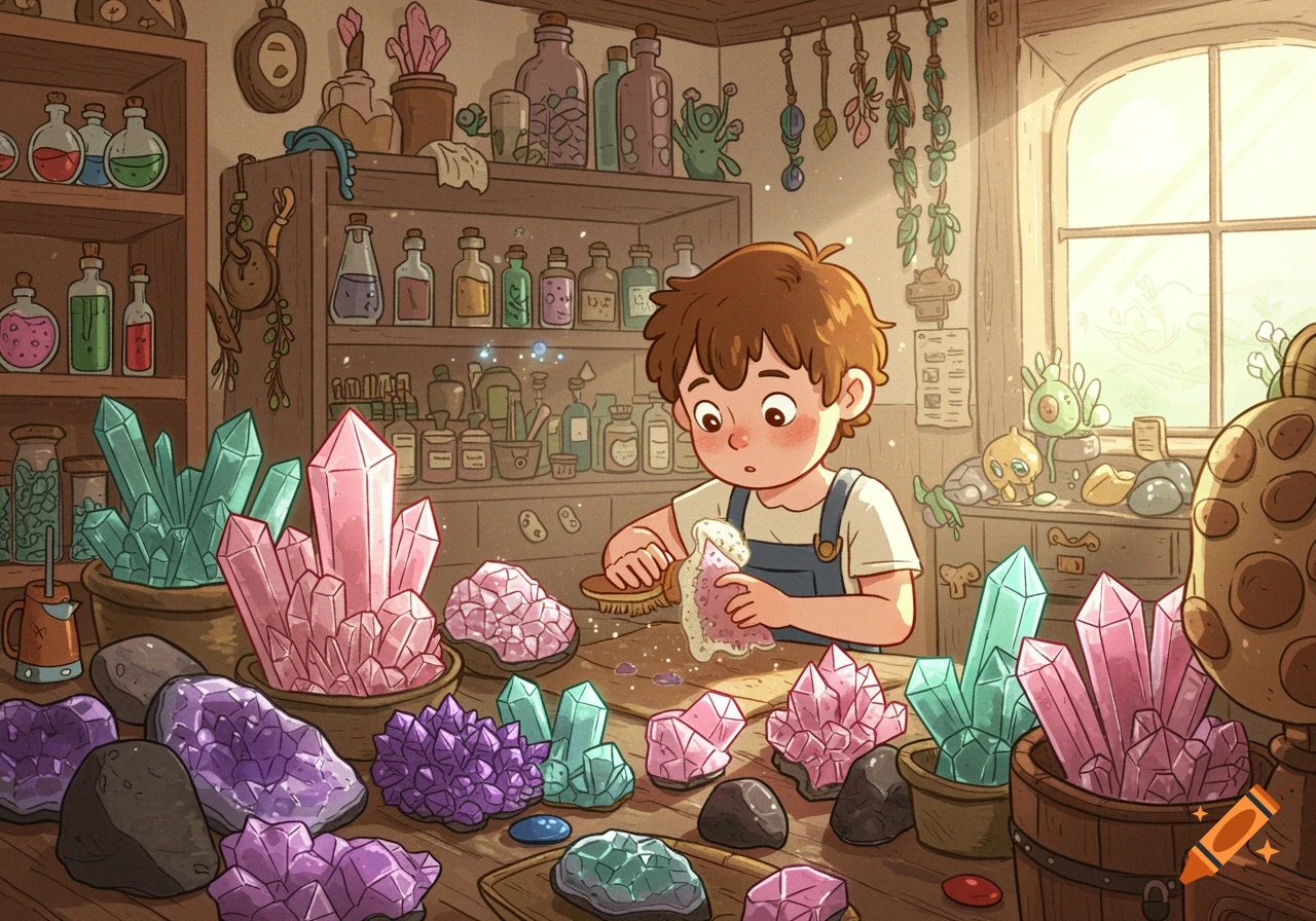 A cartoony illustration of a boy cleaning pink crystals in a shop filled with various colorful crystals and potions.