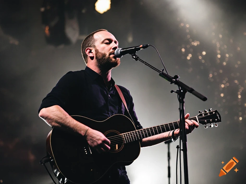 Man playing acoustic guitar and singing on stage with stage lights behind him.