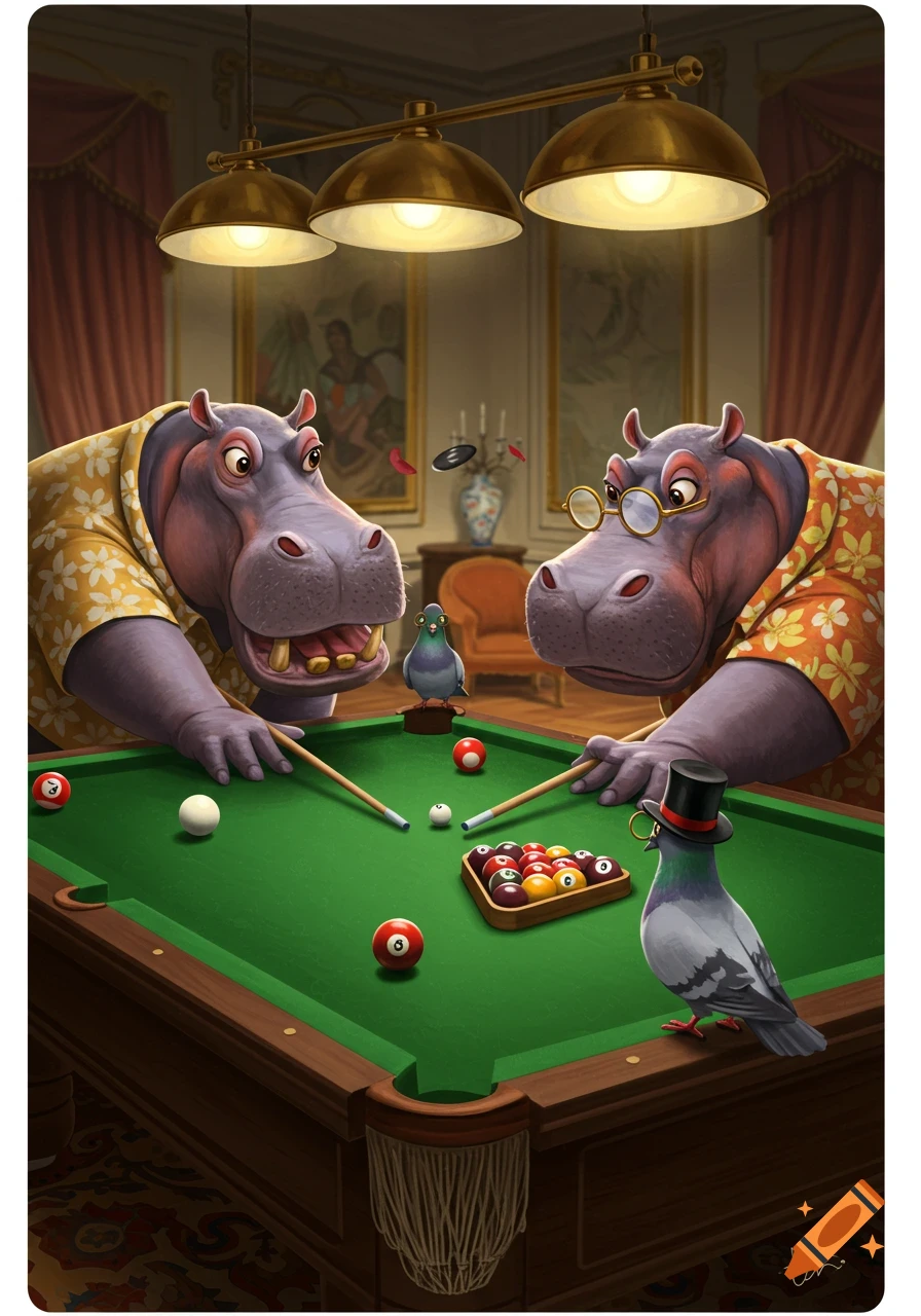 Two anthropomorphic hippos and two pigeons play billiards in an illustration.