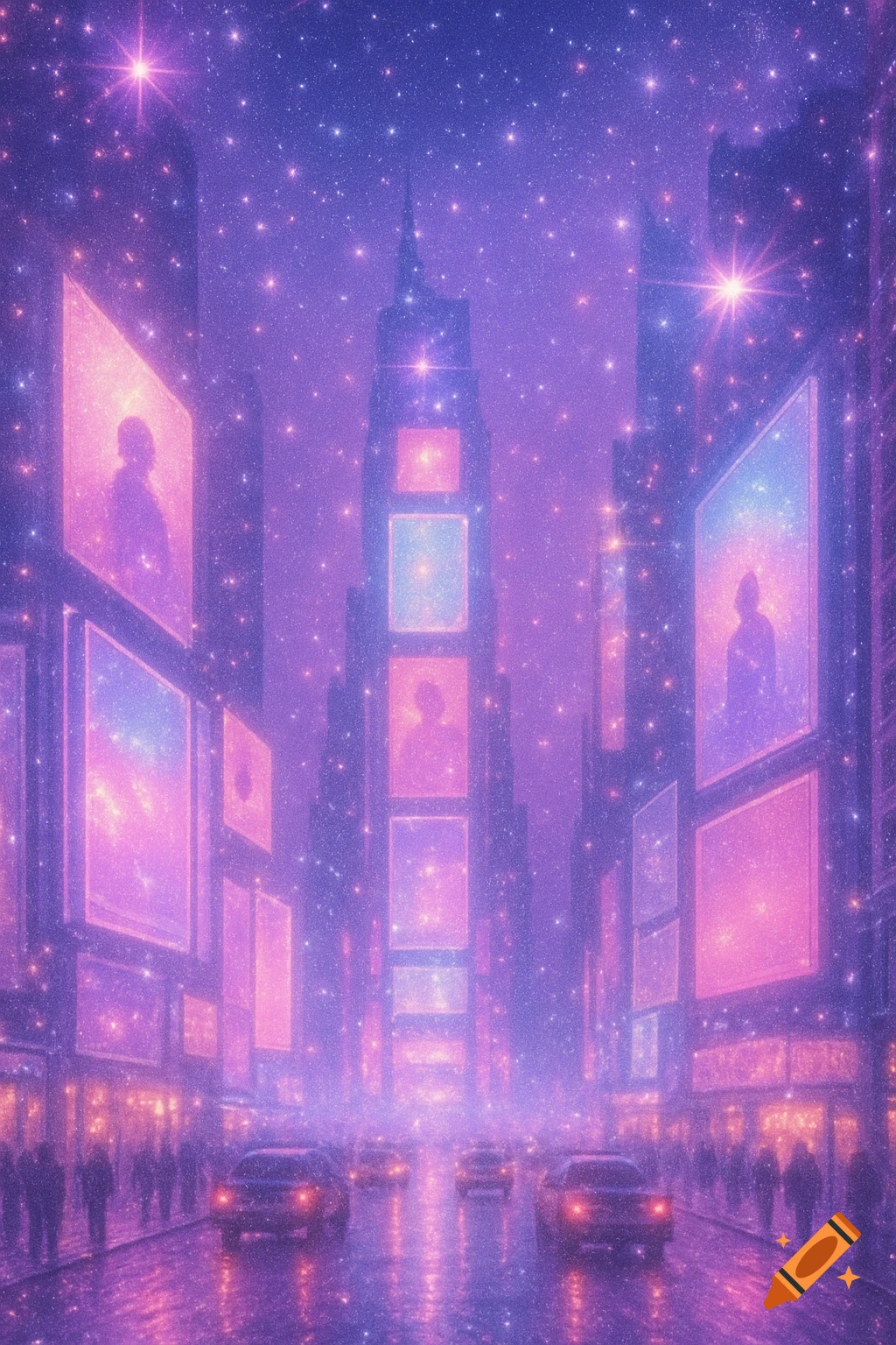 A sparkly, dreamlike view of a city street at night with glowing billboards and silhouetted people.