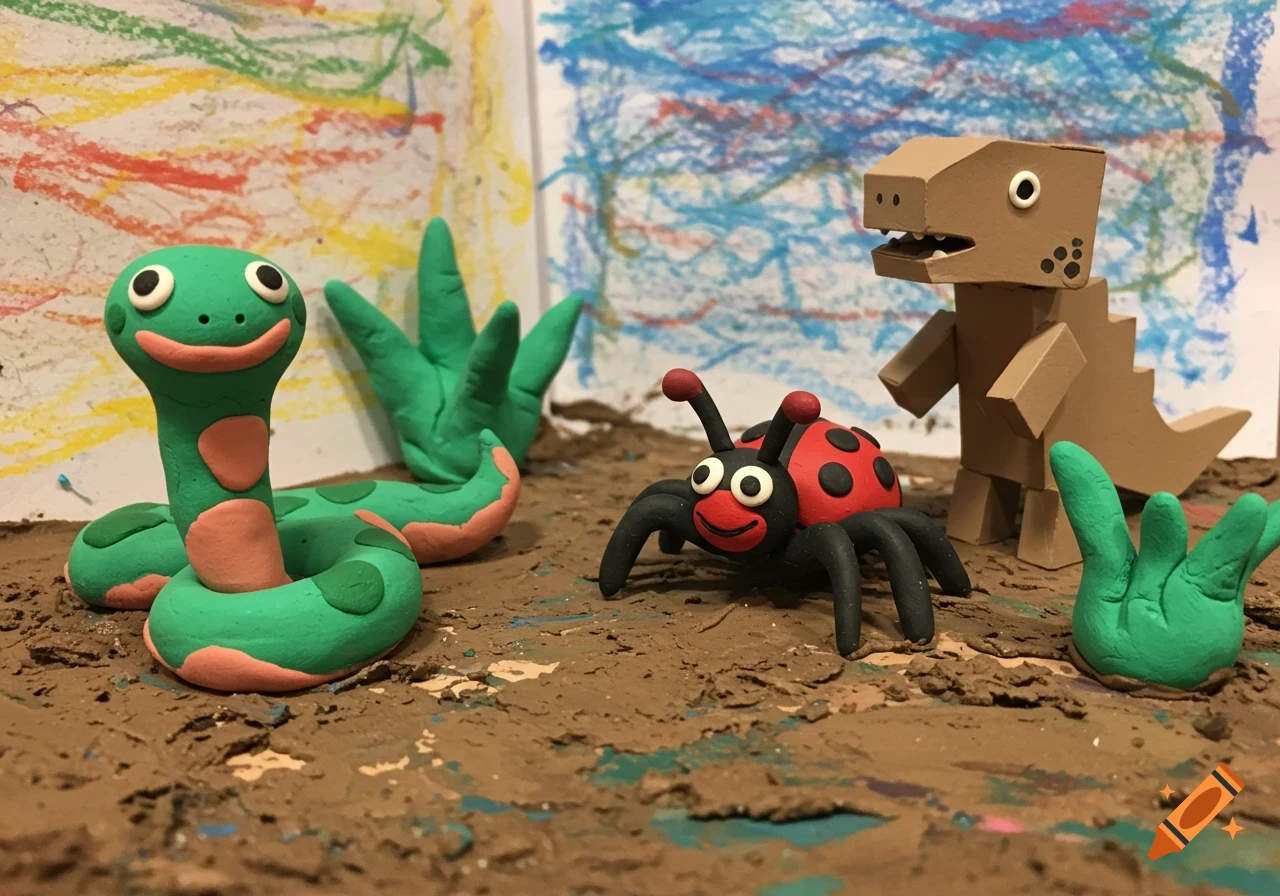 Clay snake and ladybug near a cardboard dinosaur in a diorama with mud.