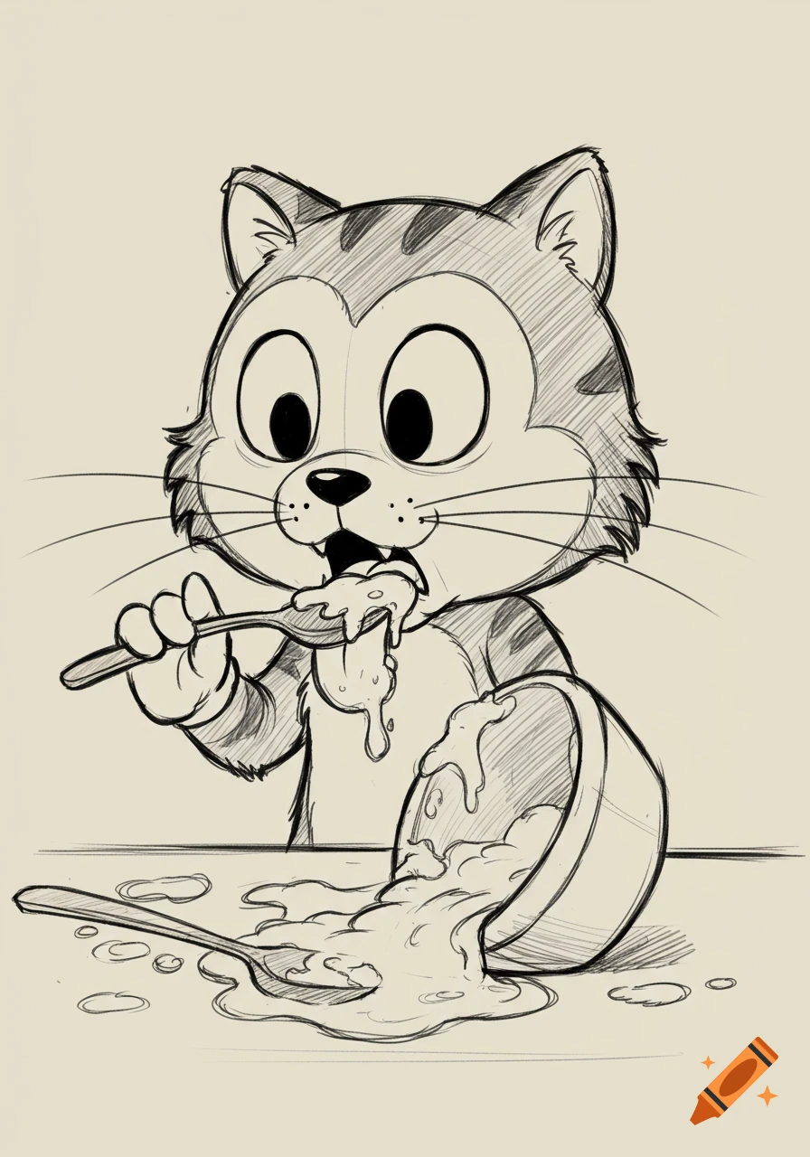 A black and white cartoon sketch of a cat licking spilled cake batter off a spoon with a surprised expression.